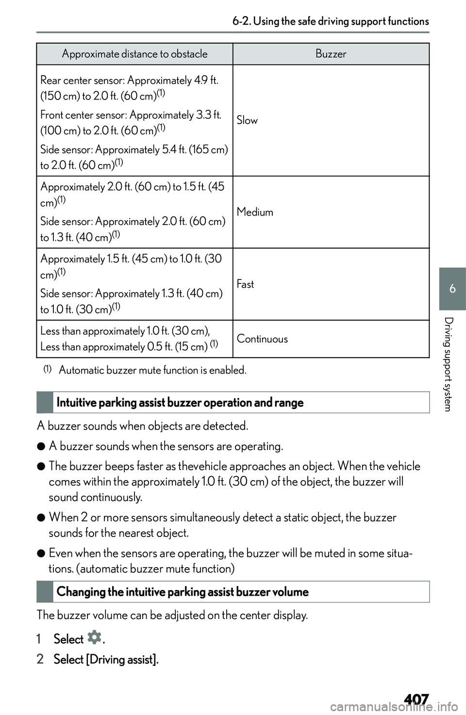 LEXUS NX300h 2022  Owners Manual �A�p�p�r�o�x�i�m�a�t�e� �d�i�s�t�a�n�c�e� �t�o� �o�b�s�t�a�c�l�e�B�u�z�z�e�r�R�e�a�r� �c�e�n�t�e�r� �s�e�n�s�o�r�:� �A�p�p�r�o�x�i�m�a�t�e�l�y� �4�.�9� �f�t�.�(�1�5�0� �c�m�)� �t�o� �2�.�0� �f�t�.� �(