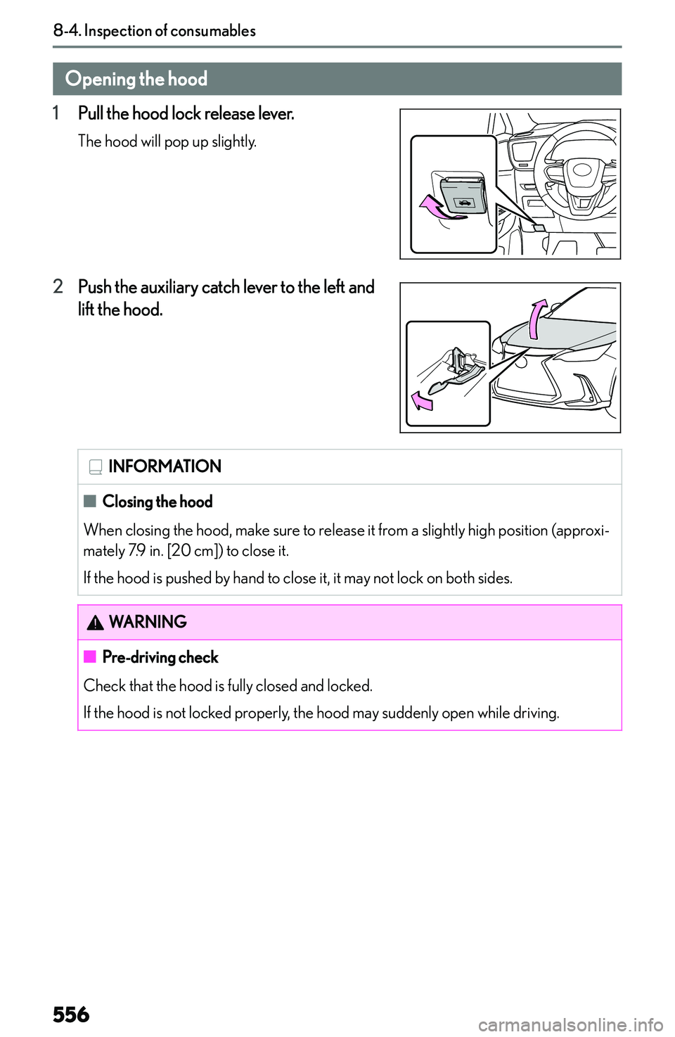 LEXUS NX300h 2022  Owners Manual �O�p�e�n�i�n�g��t�h�e��h�o�o�d
�1 �P�u�l�l� �t�h�e� �h�o�o�d� �l�o�c�k� �r�e�l�e�a�s�e� �l�e�v�e�r�.
�T�h�e� �h�o�o�d� �w�i�l�l� �p�o�p� �u�p� �s�l�i�g�h�t�l�y�.
�2 �P�u�s�h� �t�h�e� �a�u�x�i�l�i�a�