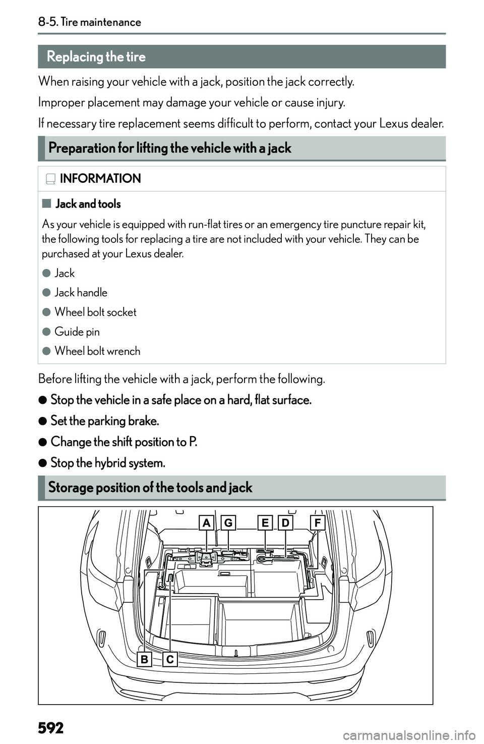 LEXUS NX300h 2022  Owners Manual �R�e�p�l�a�c�i�n�g��t�h�e��t�i�r�e
�W�h�e�n� �r�a�i�s�i�n�g� �y�o�u�r� �v�e�h�i�c�l�e� �w�i�t�h� �a� �j�a�c�k�,� �p�o�s�i�t�i�o�n� �t�h�e� �j�a�c�k� �c�o�r�r�e�c�t�l�y�.
�I�m�p�r�o�p�e�r� �p�l�a�c�e