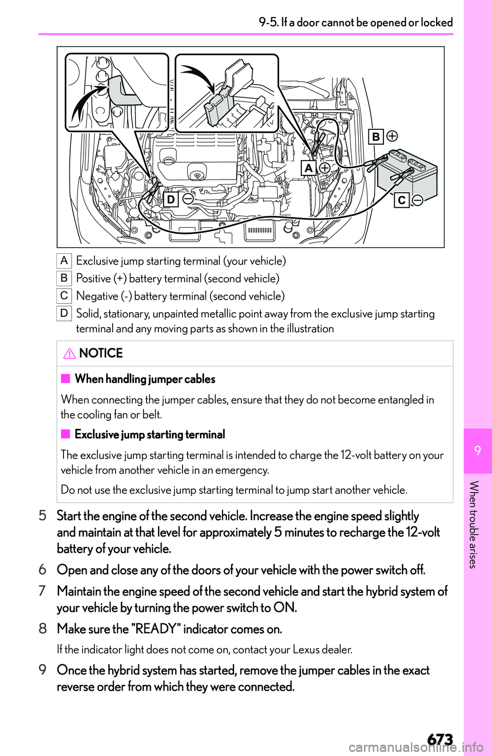 LEXUS NX300h 2022  Owners Manual �A
�E�x�c�l�u�s�i�v�e� �j�u�m�p� �s�t�a�r�t�i�n�g� �t�e�r�m�i�n�a�l� �(�y�o�u�r� �v�e�h�i�c�l�e�)
�B
�P�o�s�i�t�i�v�e� �(�+�)� �b�a�t�t�e�r�y� �t�e�r�m�i�n�a�l� �(�s�e�c�o�n�d� �v�e�h�i�c�l�e�)
�C
�N�