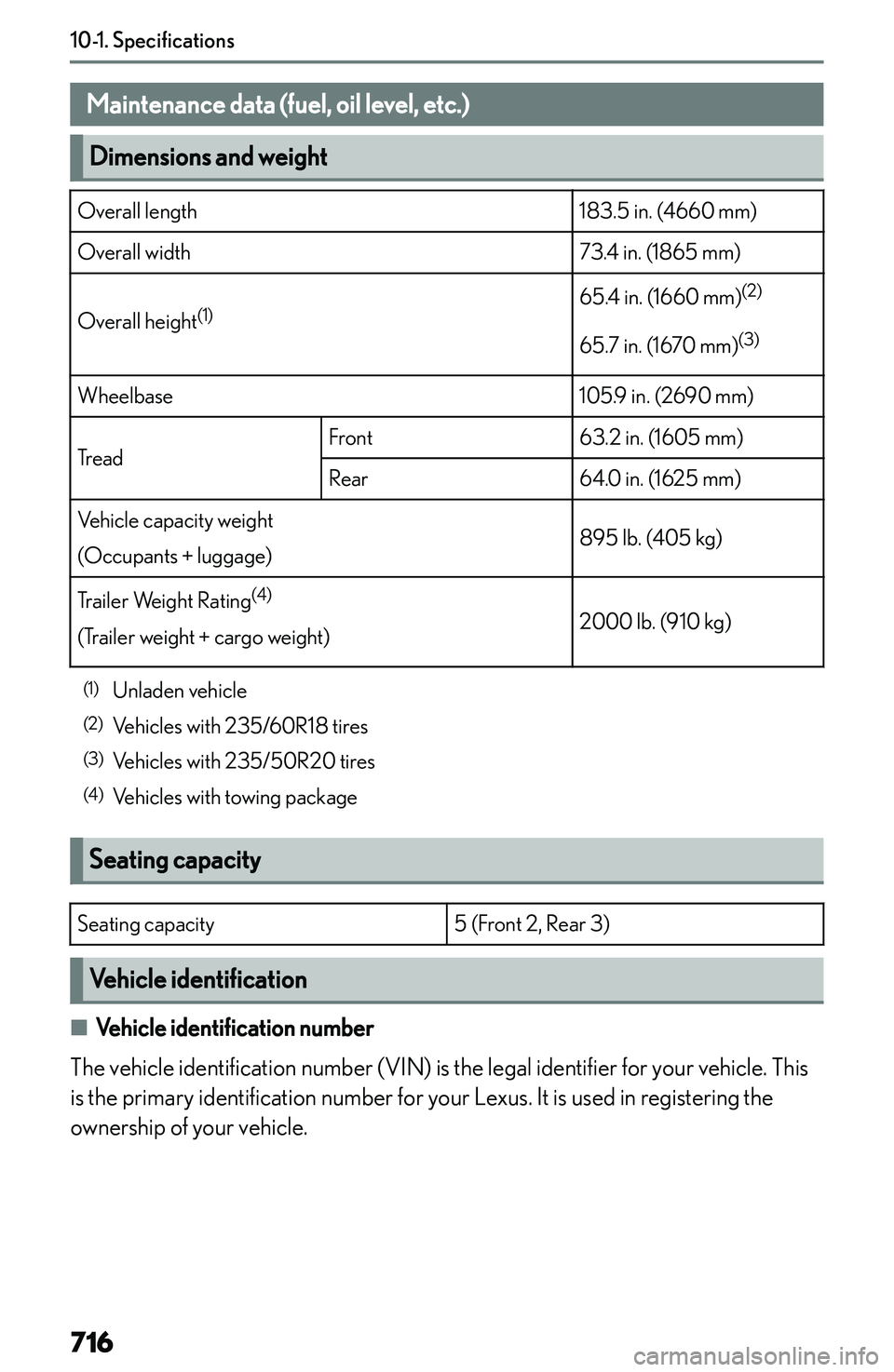 LEXUS NX300h 2022  Owners Manual �S�p�e�c�i�f�i�c�a�t�i�o�n�s
�M�a�i�n�t�e�n�a�n�c�e��d�a�t�a��(�f�u�e�l�,��o�i�l��l�e�v�e�l�,��e�t�c�.�)
�D�i�m�e�n�s�i�o�n�s��a�n�d��w�e�i�g�h�t
�O�v�e�r�a�l�l� �l�e�n�g�t�h�1�8�3�.�5� �i�n�.�