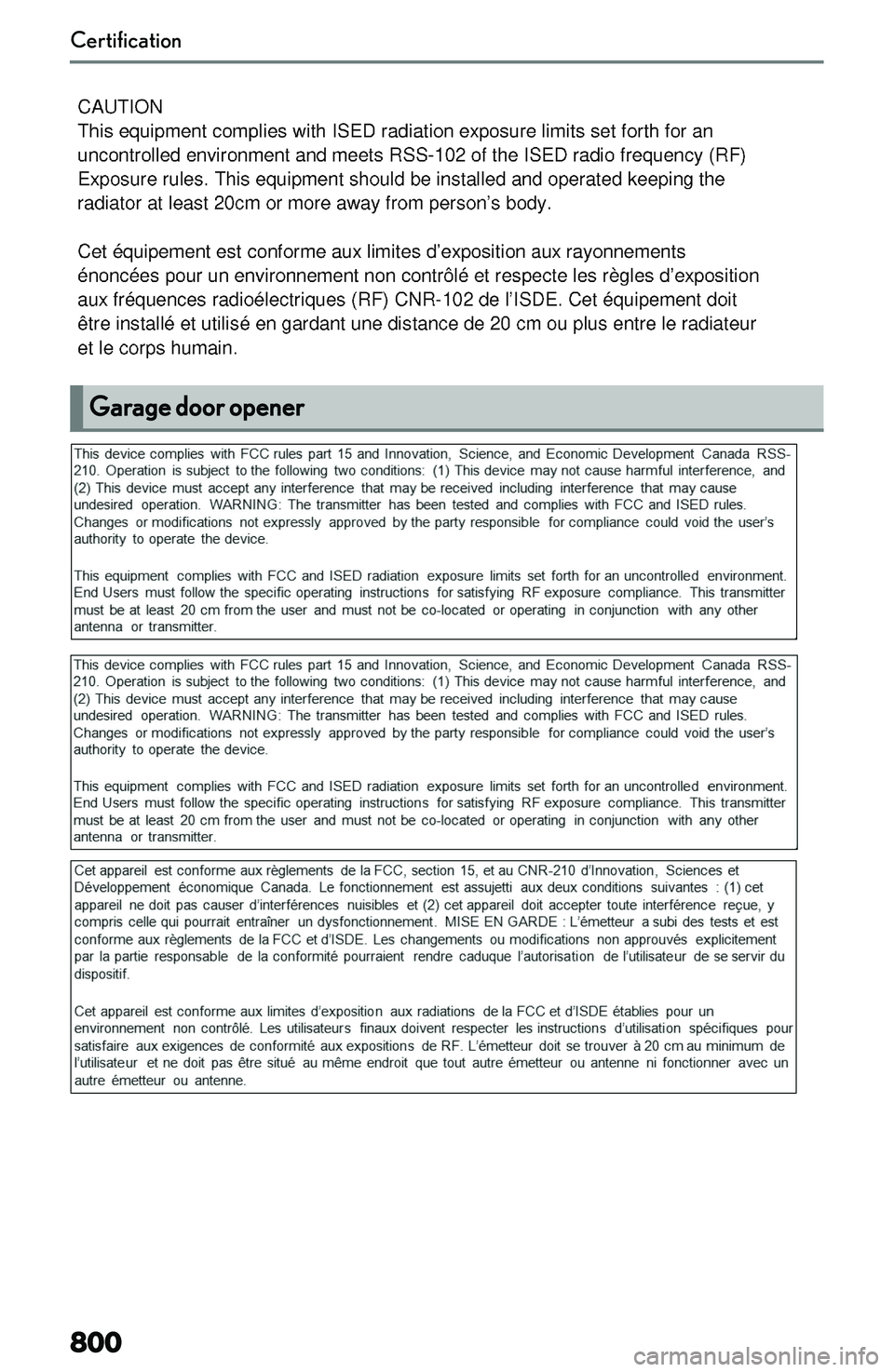 LEXUS NX300h 2022  Owners Manual �G�a�r�a�g�e��d�o�o�r��o�p�e�n�e�r
�C�e�r�t�i�f�i�c�a�t�i�o�n�8�0�0      