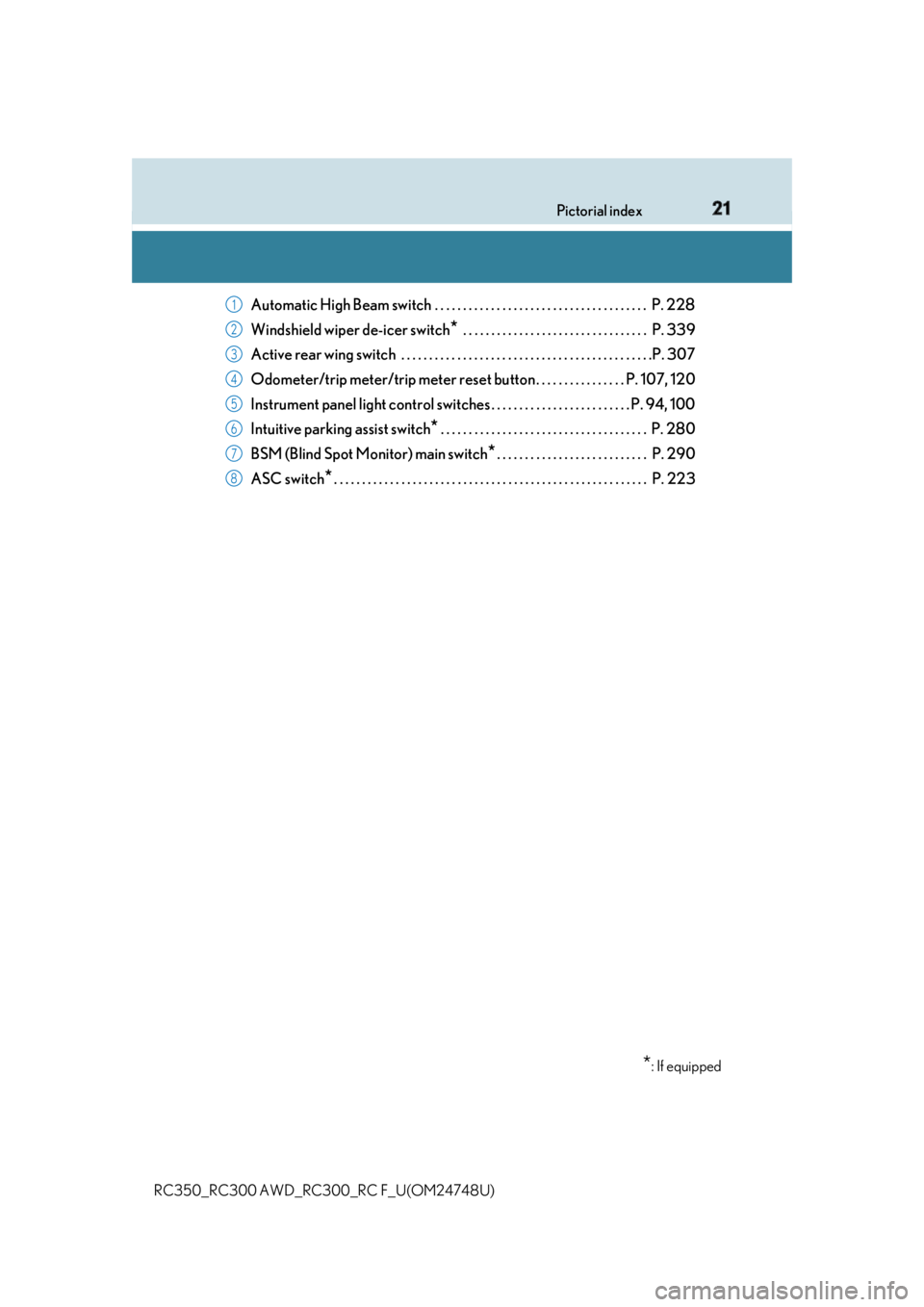 LEXUS RC300 2018  Owners Manual 21Pictorial index
RC350_RC300 AWD_RC3 00_RC F_U(OM24748U)Automatic High Beam switch  . . . . . . . . . . . . . . . . . . . . . . . . . . . . . . . . . . . . . .  P. 228
Windshield wiper de-icer switch