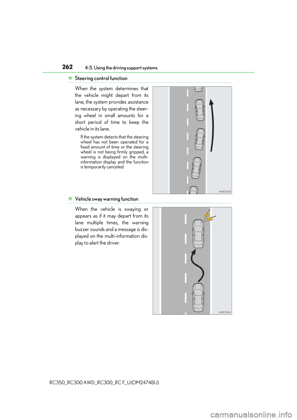 LEXUS RC300 2018  Owners Manual 262 4-5. Using the driving support systems
RC350_RC300 AWD_RC3 00_RC F_U(OM24748U)◆ Steering control function
When the system determines that
the vehicle might depart from its
lane, the system provi