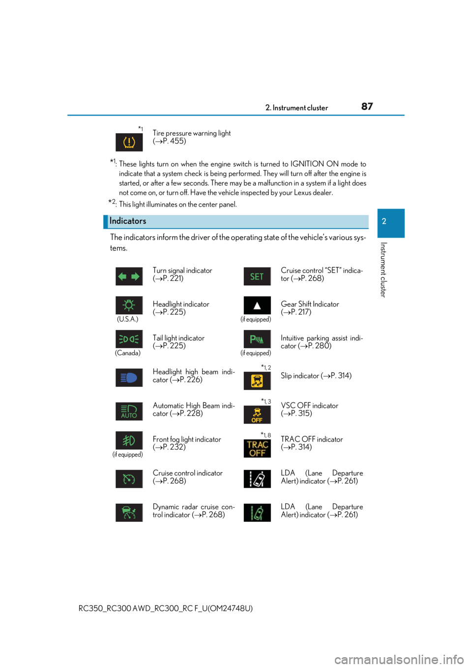 LEXUS RC300 2018  Owners Manual 872. Instrument cluster
2
Instrument cluster
RC350_RC300 AWD_RC3 00_RC F_U(OM24748U)* 1
: These lights turn on when the engine switch is turned to IGNITION ON mode to
indicate that a system check is b