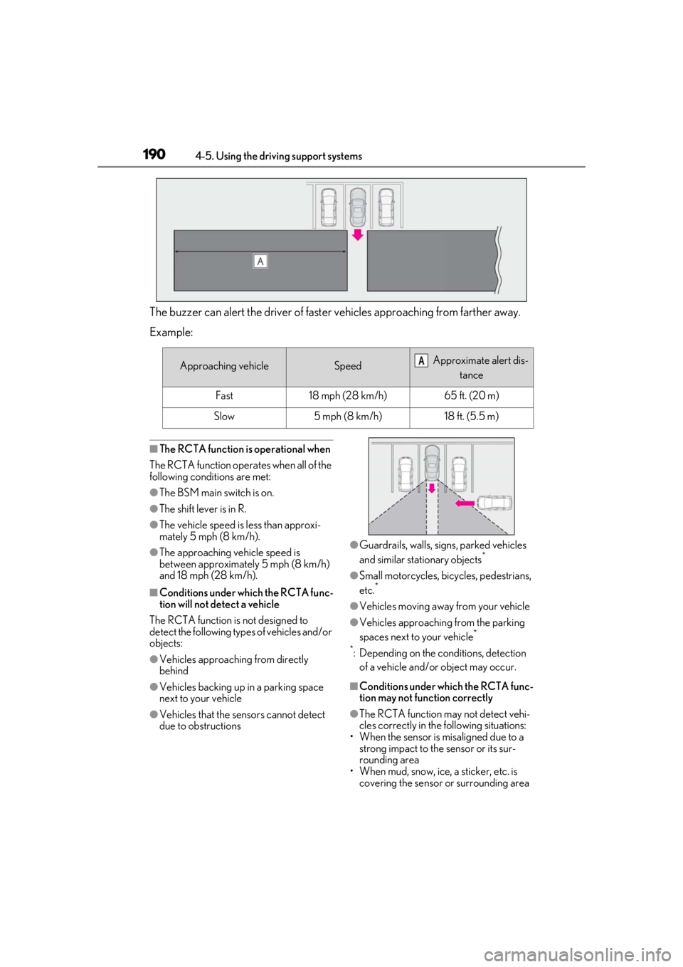 LEXUS RC300 2020  Owners Manual 1904-5. Using the driving support systems
The buzzer can alert the driver of faster vehicles approaching from farther away.
Example:
■The RCTA function is operational when
The RCTA function operates