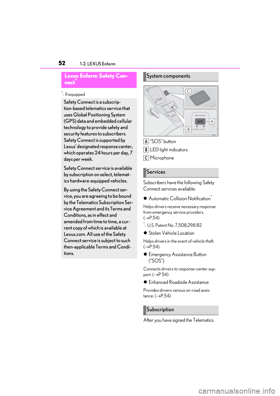 LEXUS RC300 2020 Workshop Manual 521-2. LEXUS Enform
1-2.LEXUS Enform
*:If equipped
“SOS” button
LED light indicators
Microphone
Subscribers have the following Safety
Connect services available:
Automatic Collision Notificat LEXUS RC300 2020 Workshop Manual 521-2. LEXUS Enform
1-2.LEXUS Enform
*:If equipped
“SOS” button
LED light indicators
Microphone
Subscribers have the following Safety
Connect services available:
Automatic Collision Notificat
