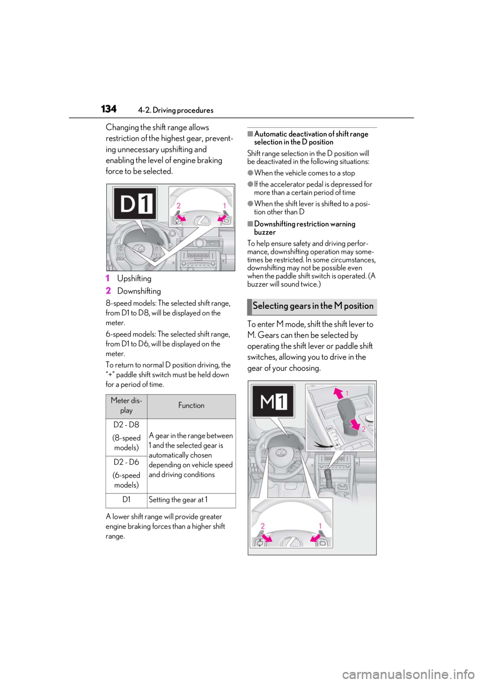 LEXUS RC300 2021 Repair Manual 1344-2. Driving procedures
Changing the shift range allows 
restriction of the highest gear, prevent-
ing unnecessary upshifting and 
enabling the level of engine braking 
force to be selected.
1Upshi