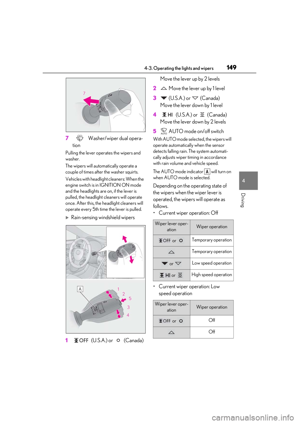 LEXUS RC300 2021 Manual PDF 1494-3. Operating the lights and wipers
4
Driving
7 Washer/wiper dual opera-
tion
Pulling the lever operates the wipers and
washer.
The wipers will automatically operate a
couple of times afte r the LEXUS RC300 2021 Manual PDF 1494-3. Operating the lights and wipers
4
Driving
7 Washer/wiper dual opera-
tion
Pulling the lever operates the wipers and
washer.
The wipers will automatically operate a
couple of times afte r the