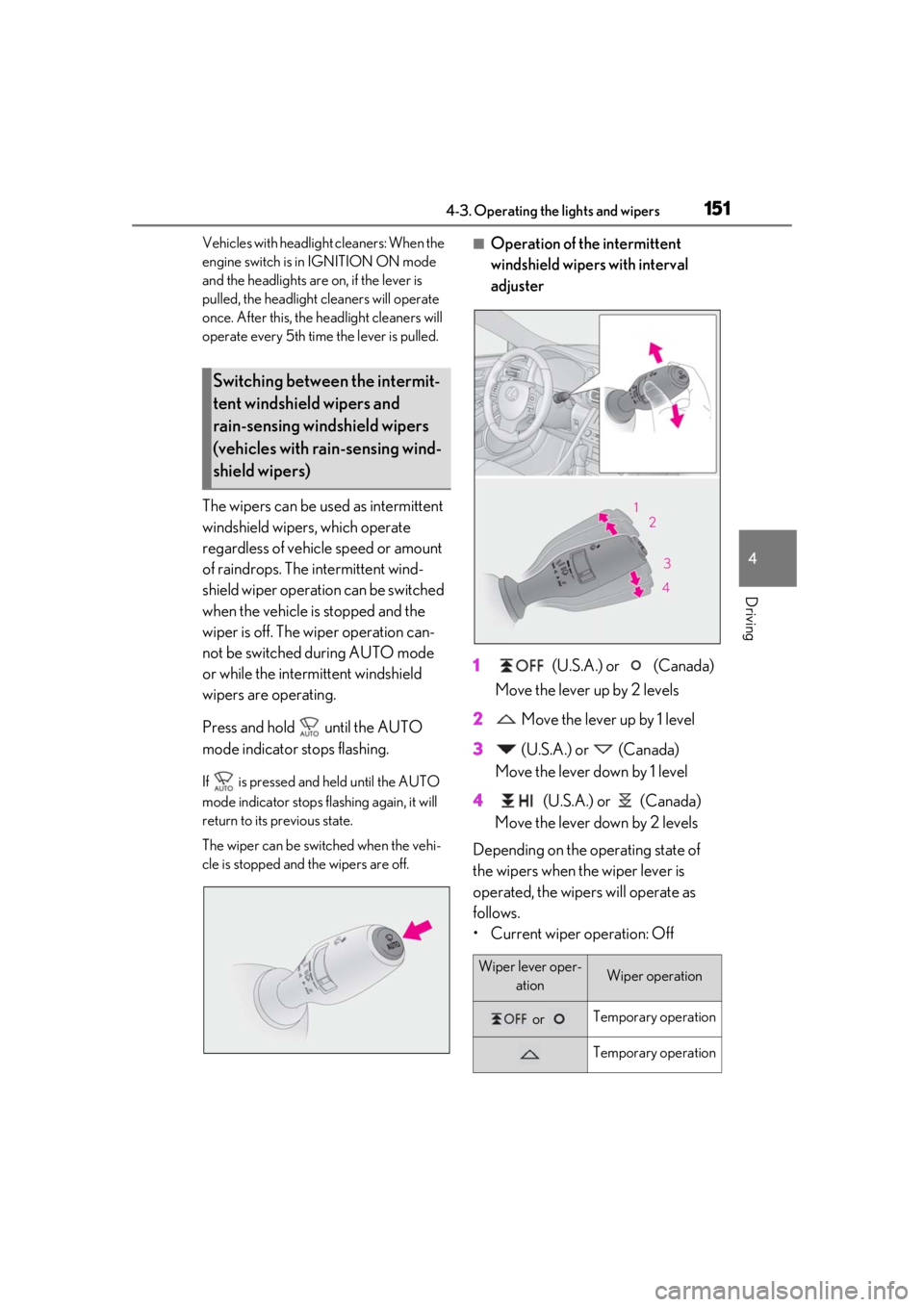 LEXUS RC300 2021 Manual PDF 1514-3. Operating the lights and wipers
4
Driving
Vehicles with headlight cleaners: When the
engine switch is in IGNITION ON mode
and the headlights are on, if the lever is
pulled, the headlight cl LEXUS RC300 2021 Manual PDF 1514-3. Operating the lights and wipers
4
Driving
Vehicles with headlight cleaners: When the
engine switch is in IGNITION ON mode
and the headlights are on, if the lever is
pulled, the headlight cl
