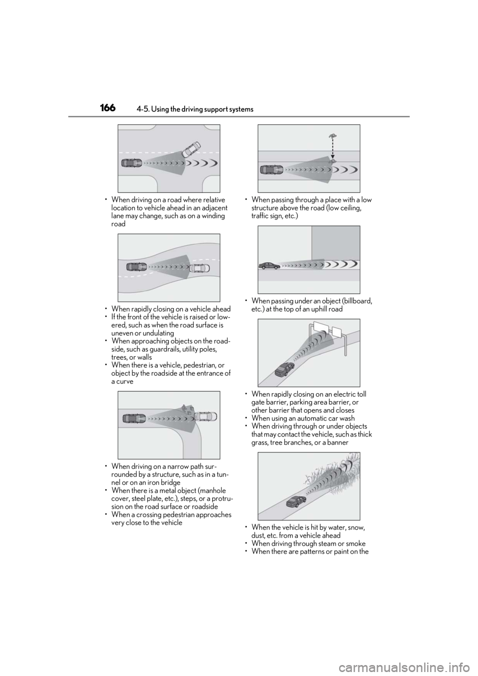 LEXUS RC300 2021 Owners Manual 1664-5. Using the driving support systems
• When driving on a road where relative location to vehicle ahead in an adjacent
lane may change, such as on a winding
road
• When rapidly closing on a LEXUS RC300 2021 Owners Manual 1664-5. Using the driving support systems
• When driving on a road where relative location to vehicle ahead in an adjacent
lane may change, such as on a winding
road
• When rapidly closing on a
