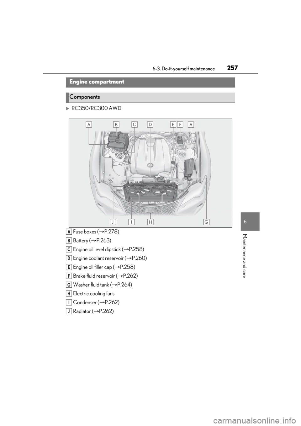 LEXUS RC300 2021  Owners Manual 2576-3. Do-it-yourself maintenance
6
Maintenance and care
RC350/RC300 AWDFuse boxes ( P.278)
Battery ( P.263)
Engine oil level dipstick ( P.258)
Engine coolant reservoir ( P.260)
Engine