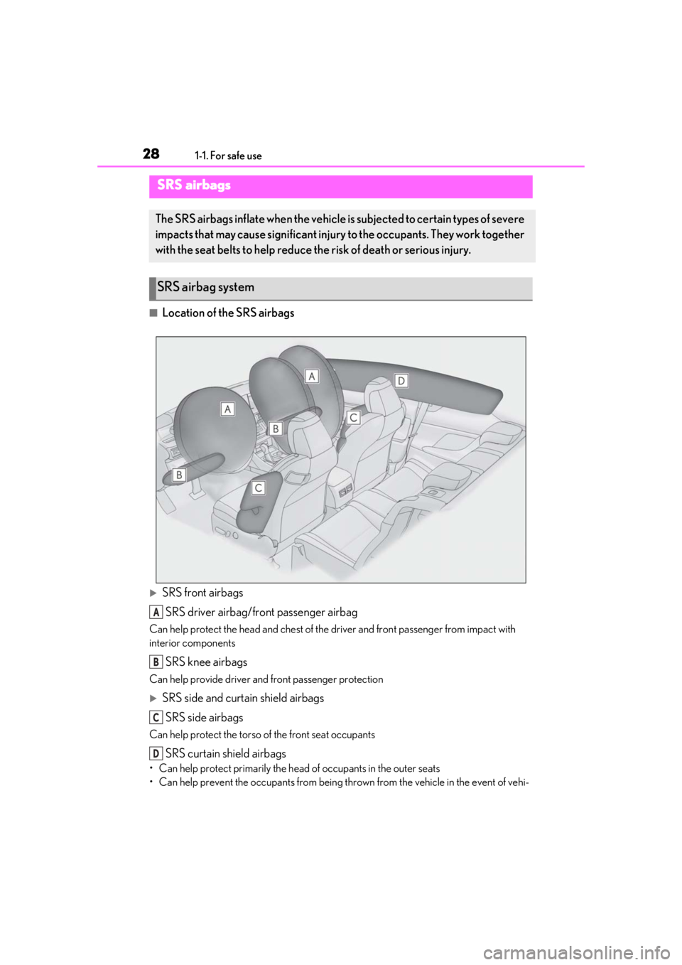 LEXUS RC300 2021 Owners Manual 281-1. For safe use
■Location of the SRS airbags
SRS front airbagsSRS driver airbag/front passenger airbag
Can help protect the head and chest of the driver and front passenger from impact with
LEXUS RC300 2021 Owners Manual 281-1. For safe use
■Location of the SRS airbags
SRS front airbagsSRS driver airbag/front passenger airbag
Can help protect the head and chest of the driver and front passenger from impact with