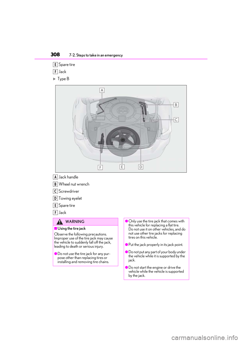 LEXUS RC300 2021 Owners Manual 3087-2. Steps to take in an emergency
Spare tire
Jack
Type BJack handle
Wheel nut wrench
Screwdriver
Towing eyelet
Spare tire
Jack
E
F
A
B
C
D
E
F
WARNING
■Using the tire jack
Observe the followi LEXUS RC300 2021 Owners Manual 3087-2. Steps to take in an emergency
Spare tire
Jack
Type BJack handle
Wheel nut wrench
Screwdriver
Towing eyelet
Spare tire
Jack
E
F
A
B
C
D
E
F
WARNING
■Using the tire jack
Observe the followi