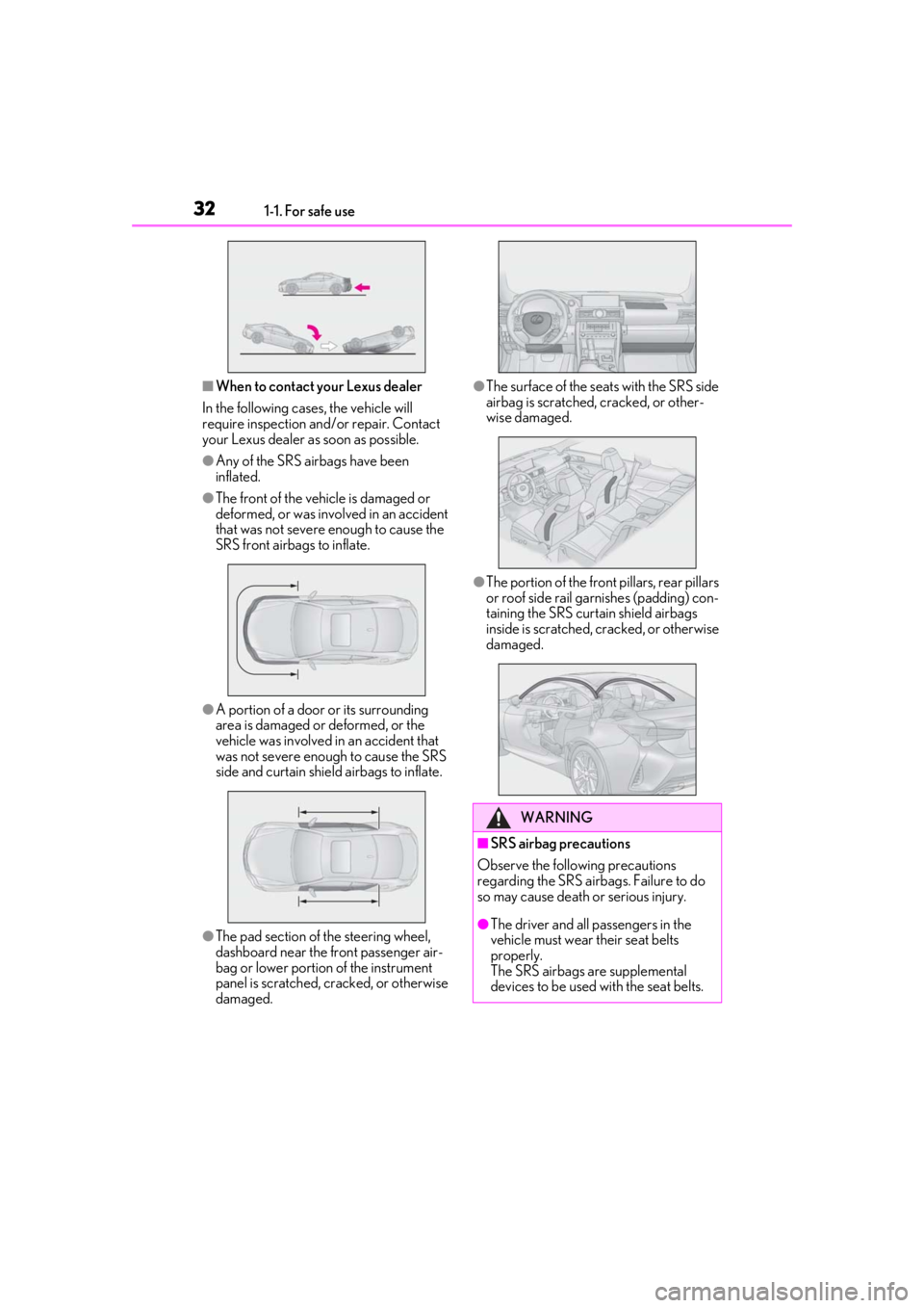LEXUS RC300 2021  Owners Manual 321-1. For safe use
■When to contact your Lexus dealer
In the following cases, the vehicle will 
require inspection and/or repair. Contact 
your Lexus dealer as soon as possible.
●Any of the SRS a