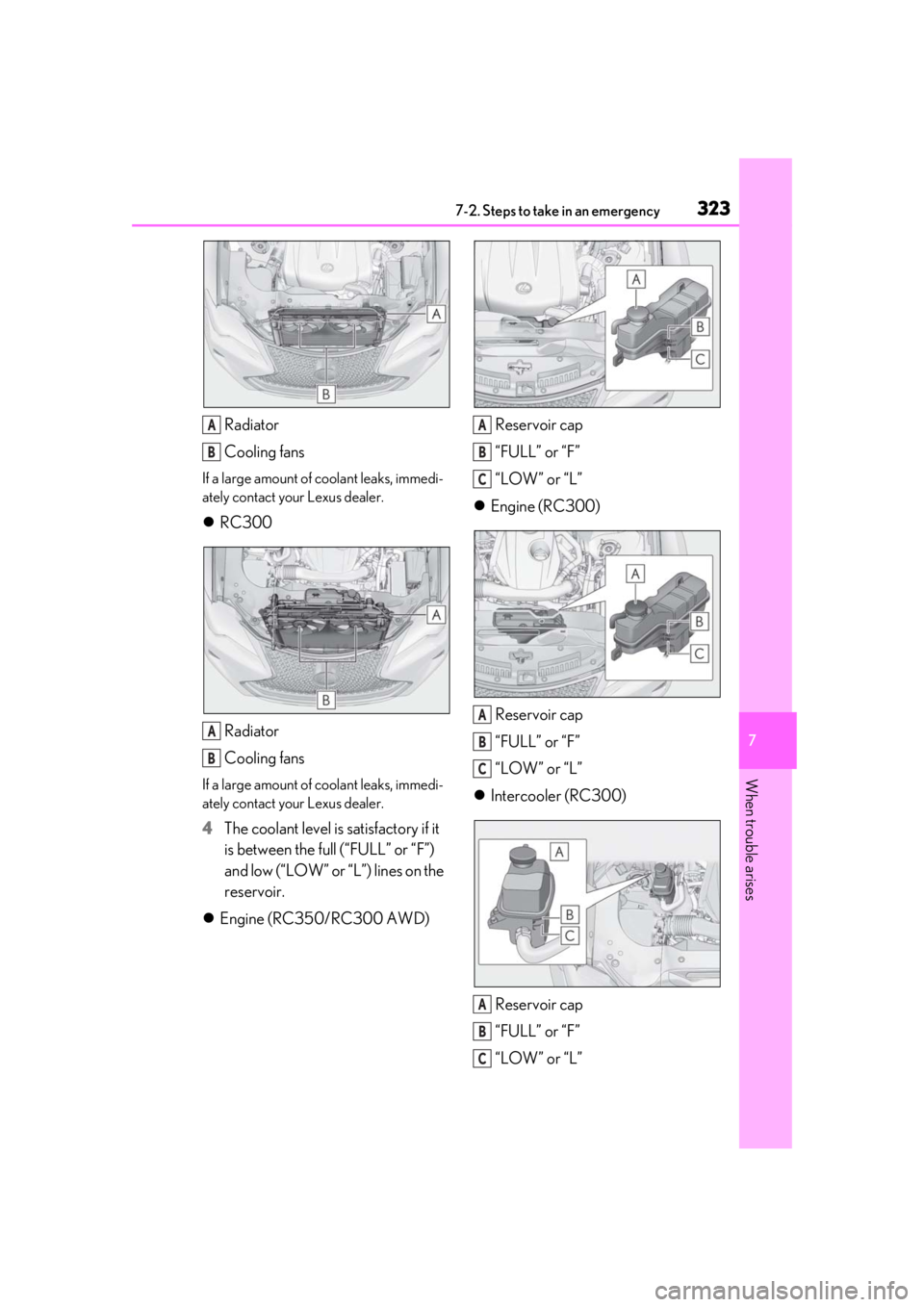 LEXUS RC300 2021  Owners Manual 3237-2. Steps to take in an emergency
7
When trouble arises
Radiator
Cooling fans
If a large amount of coolant leaks, immedi-
ately contact your Lexus dealer.
RC300
Radiator
Cooling fans
If a large