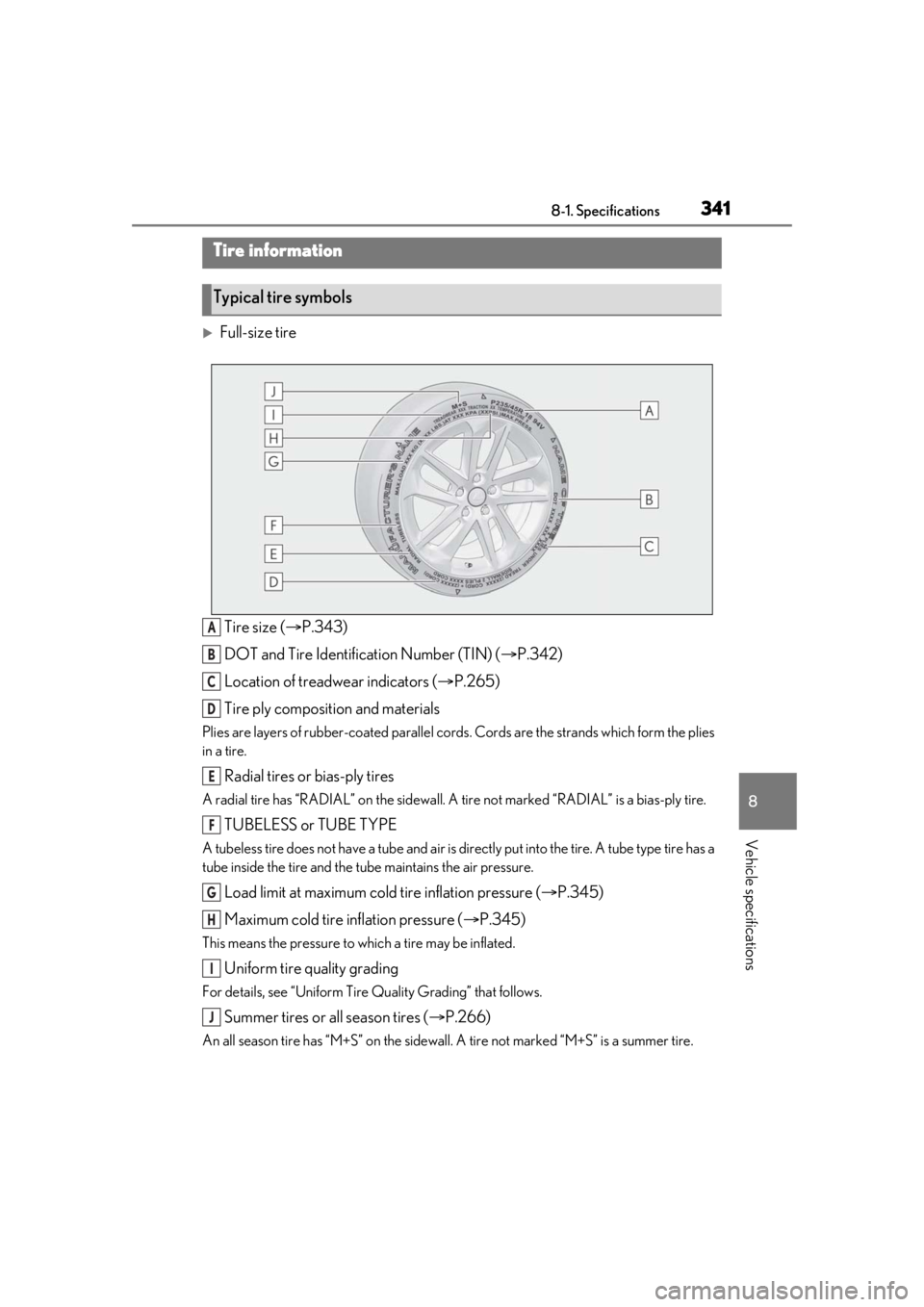 LEXUS RC300 2021 Owners Manual 3418-1. Specifications
8
Vehicle specifications
Full-size tireTire size ( P.343)
DOT and Tire Identification Number (TIN) ( P.342)
Location of treadwear indicators ( P.265)
Tire ply compos LEXUS RC300 2021 Owners Manual 3418-1. Specifications
8
Vehicle specifications
Full-size tireTire size ( P.343)
DOT and Tire Identification Number (TIN) ( P.342)
Location of treadwear indicators ( P.265)
Tire ply compos