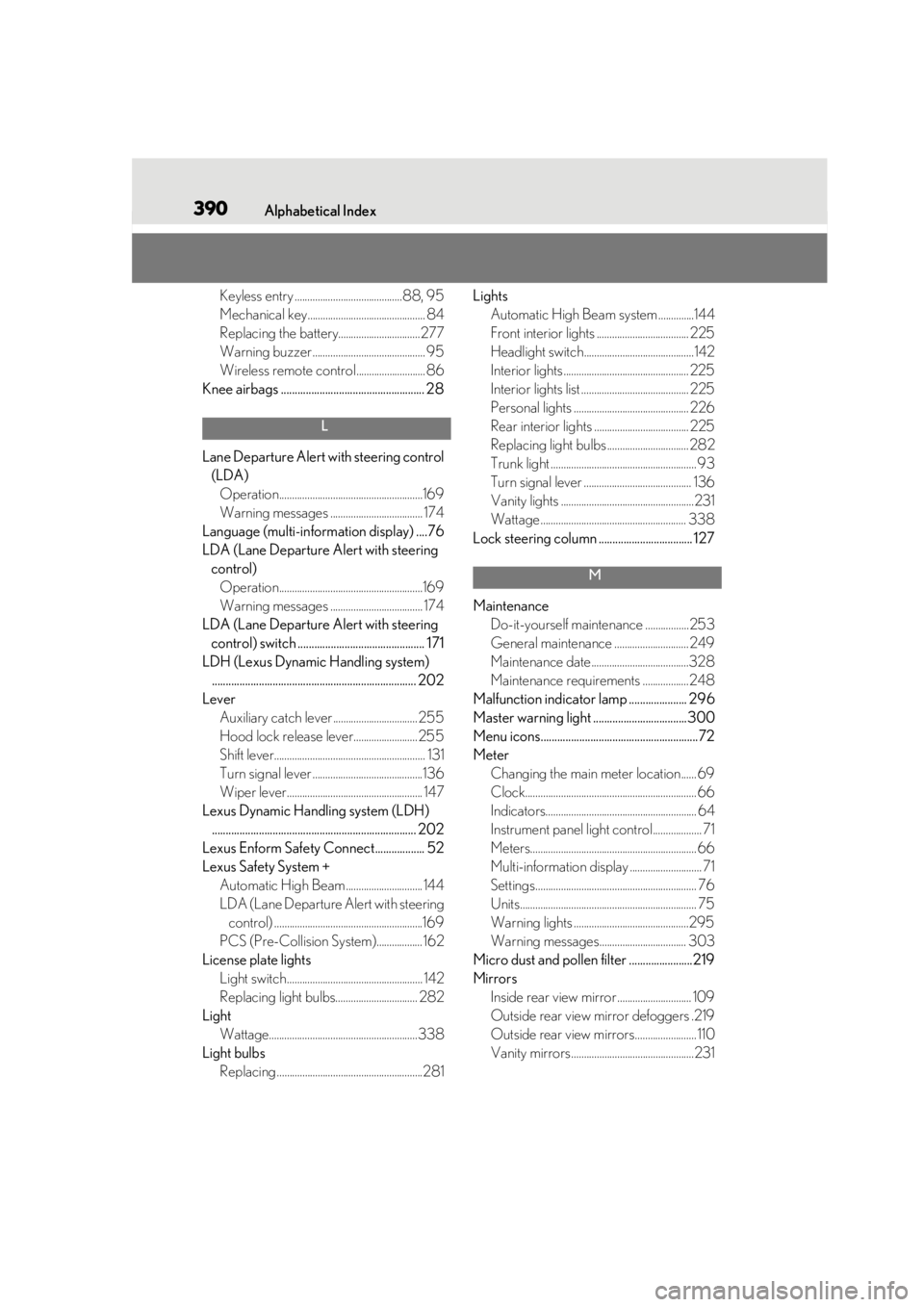 LEXUS RC300 2021  Owners Manual 390Alphabetical Index
Keyless entry ..........................................88, 95
Mechanical key.............................................. 84
Replacing the battery..............................