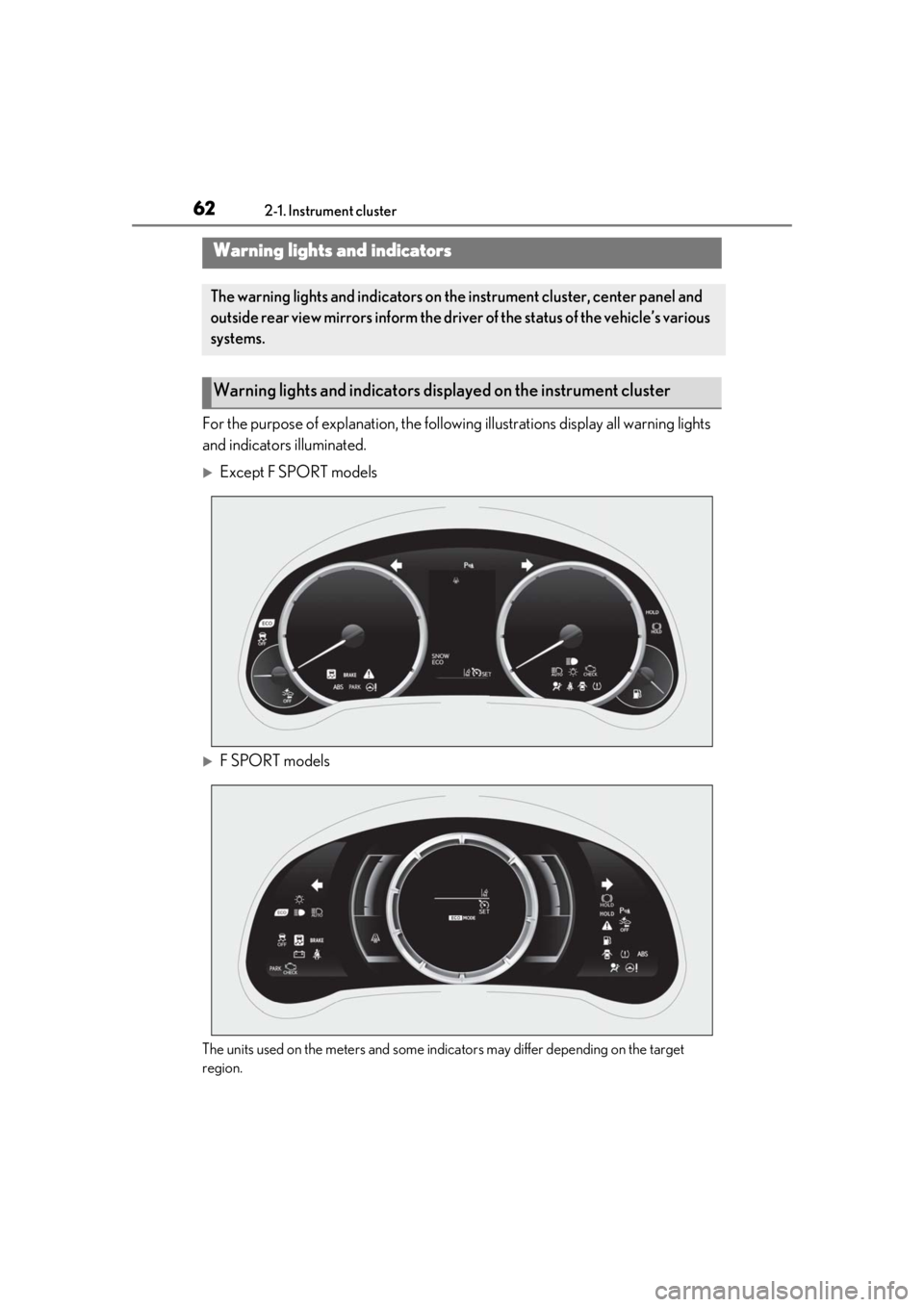 LEXUS RC300 2021  Owners Manual 622-1. Instrument cluster
2-1.Instrument cluster
For the purpose of explanation, the following illustrations display all warning lights 
and indicators illuminated.
Except F SPORT models
F SPORT