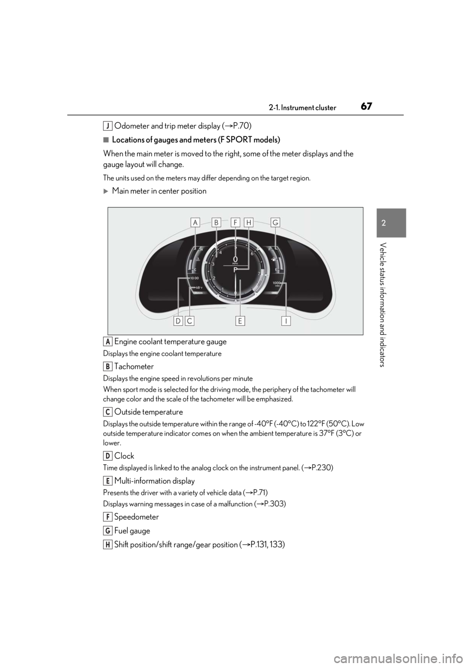 LEXUS RC300 2021 User Guide 672-1. Instrument cluster
2
Vehicle status information and indicators
Odometer and trip meter display (P.70)
■Locations of gauges and meters (F SPORT models)
When the main meter is moved to the r LEXUS RC300 2021 User Guide 672-1. Instrument cluster
2
Vehicle status information and indicators
Odometer and trip meter display (P.70)
■Locations of gauges and meters (F SPORT models)
When the main meter is moved to the r