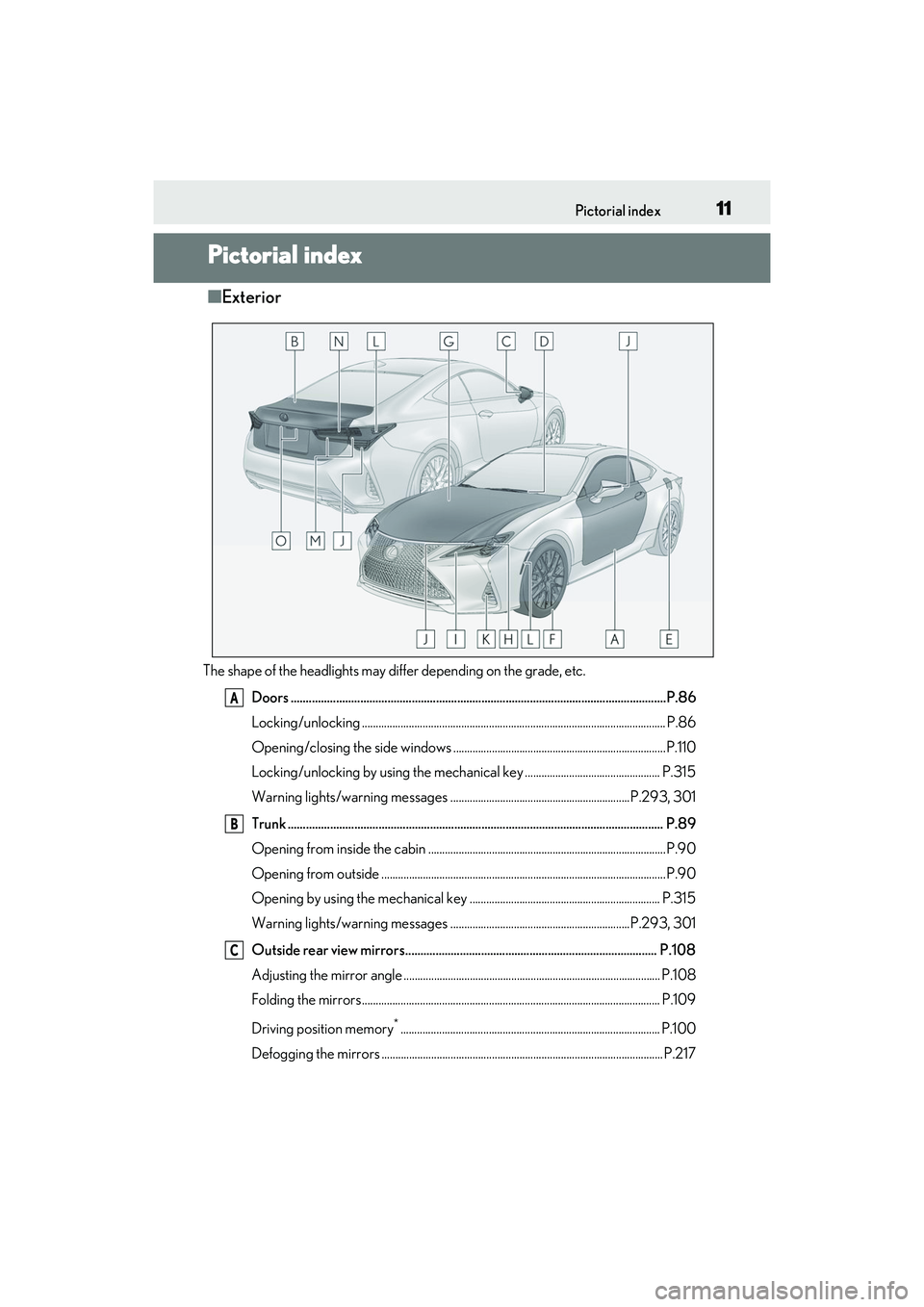 LEXUS RC300 2022 Owners Manual 11Pictorial index
RC350/RC300 Owners Manual
Pictorial index
■Exterior
The shape of the headlights may differ depending on the grade, etc.
Doors ..................................................... LEXUS RC300 2022 Owners Manual 11Pictorial index
RC350/RC300 Owners Manual
Pictorial index
■Exterior
The shape of the headlights may differ depending on the grade, etc.
Doors .....................................................