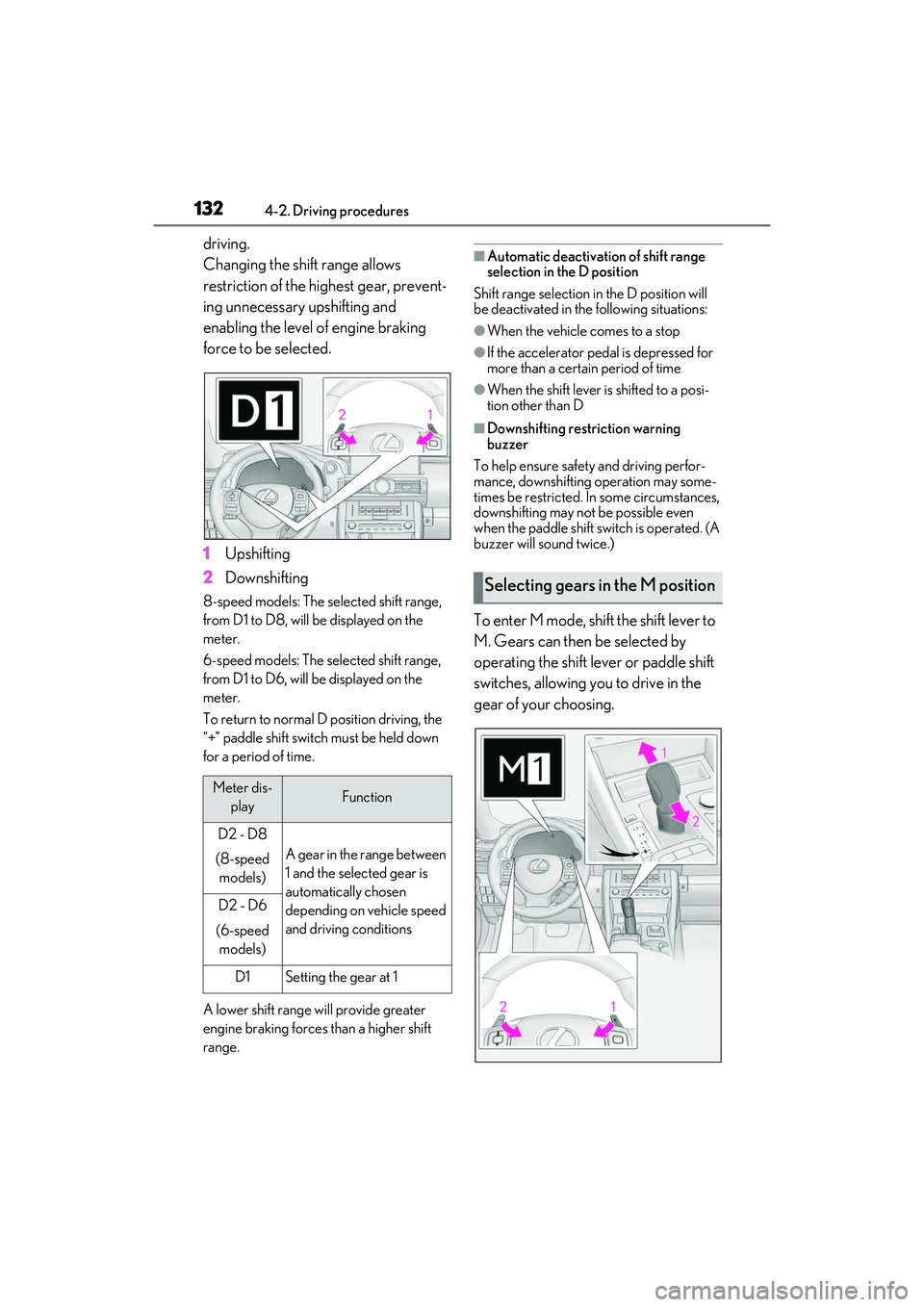 LEXUS RC300 2022 Owners Guide 1324-2. Driving procedures
RC350/RC300 Owners Manual
driving.
Changing the shift range allows
restriction of the highest gear, prevent-
ing unnecessary upshifting and
enabling the level of engine b LEXUS RC300 2022 Owners Guide 1324-2. Driving procedures
RC350/RC300 Owners Manual
driving.
Changing the shift range allows
restriction of the highest gear, prevent-
ing unnecessary upshifting and
enabling the level of engine b