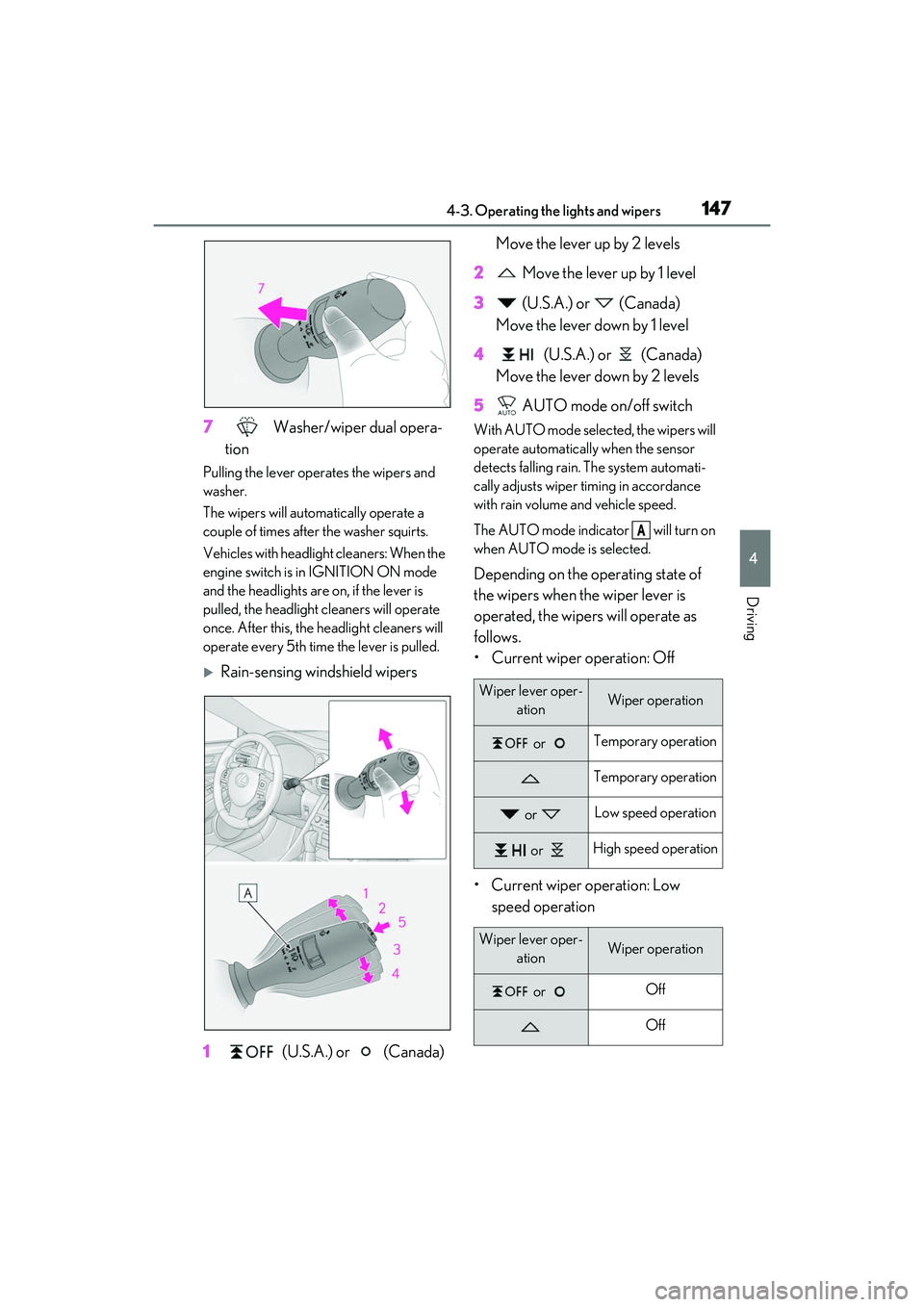 LEXUS RC300 2022 User Guide 1474-3. Operating the lights and wipers
RC350/RC300 Owners Manual
4
Driving
7 Washer/wiper dual opera-
tion
Pulling the lever operates the wipers and
washer.
The wipers will automatically operate a LEXUS RC300 2022 User Guide 1474-3. Operating the lights and wipers
RC350/RC300 Owners Manual
4
Driving
7 Washer/wiper dual opera-
tion
Pulling the lever operates the wipers and
washer.
The wipers will automatically operate a