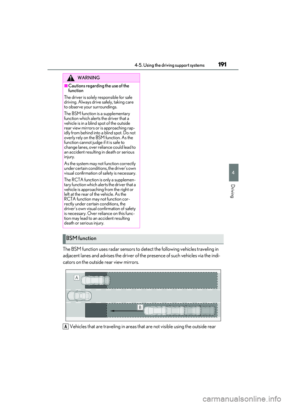 LEXUS RC300 2022 Owners Manual 1914-5. Using the driving support systems
RC350/RC300 Owners Manual
4
Driving
The BSM function uses radar sensors to detect the following vehicles traveling in
adjacent lanes and advises the driver LEXUS RC300 2022 Owners Manual 1914-5. Using the driving support systems
RC350/RC300 Owners Manual
4
Driving
The BSM function uses radar sensors to detect the following vehicles traveling in
adjacent lanes and advises the driver