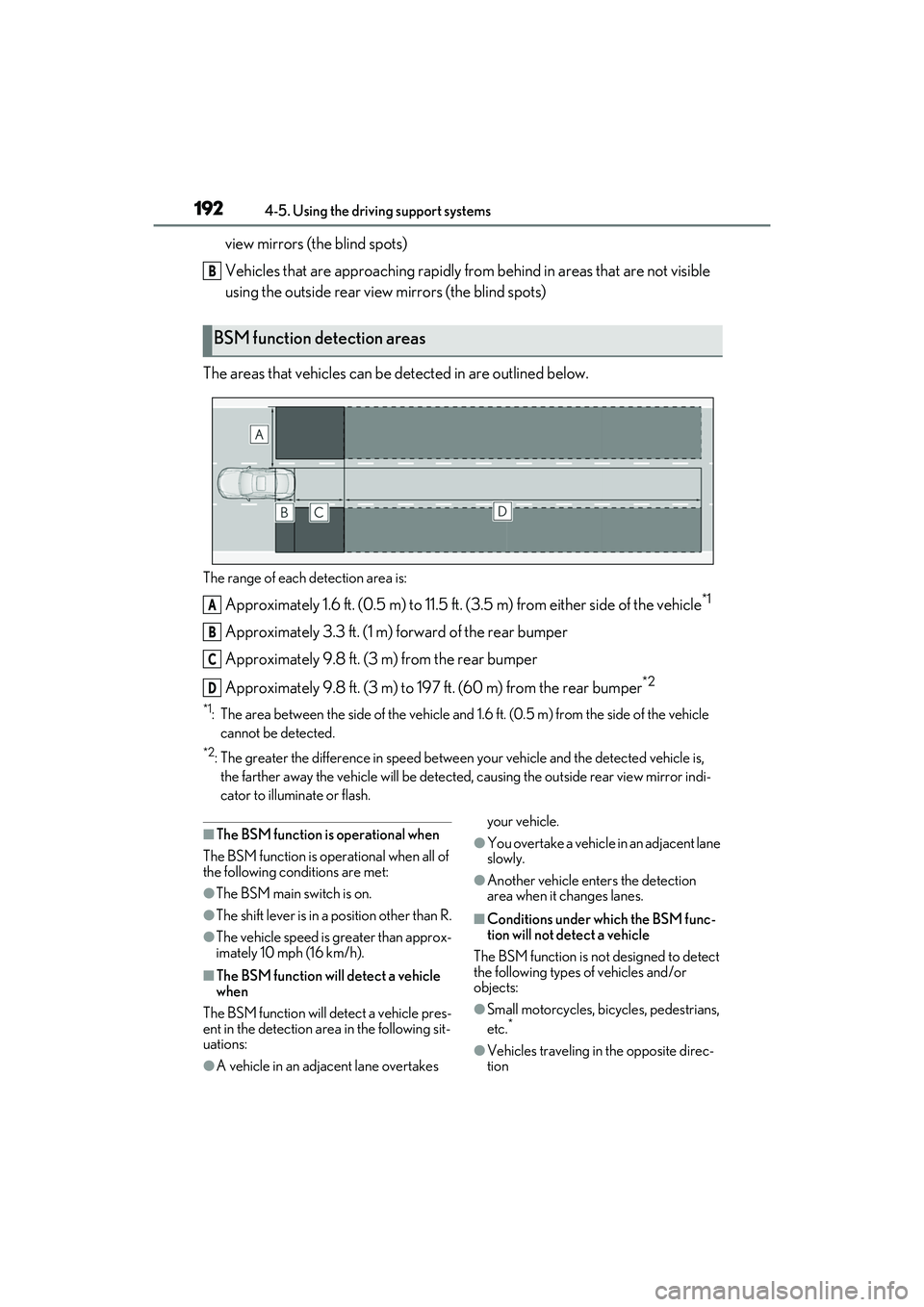 LEXUS RC300 2022  Owners Manual 1924-5. Using the driving support systems
RC350/RC300 Owners Manual
view mirrors (the blind spots)
Vehicles that are approaching rapidly from behind in areas that are not visible 
using the outside r