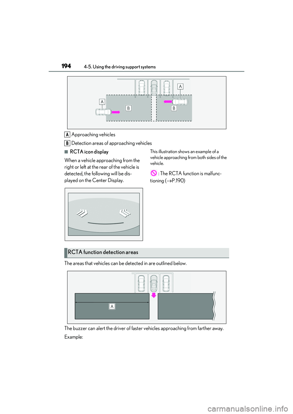 LEXUS RC300 2022 Repair Manual 1944-5. Using the driving support systems
RC350/RC300 Owners Manual
Approaching vehicles
Detection areas of approaching vehicles
■RCTA icon display
When a vehicle approaching from the
right or lef LEXUS RC300 2022 Repair Manual 1944-5. Using the driving support systems
RC350/RC300 Owners Manual
Approaching vehicles
Detection areas of approaching vehicles
■RCTA icon display
When a vehicle approaching from the
right or lef