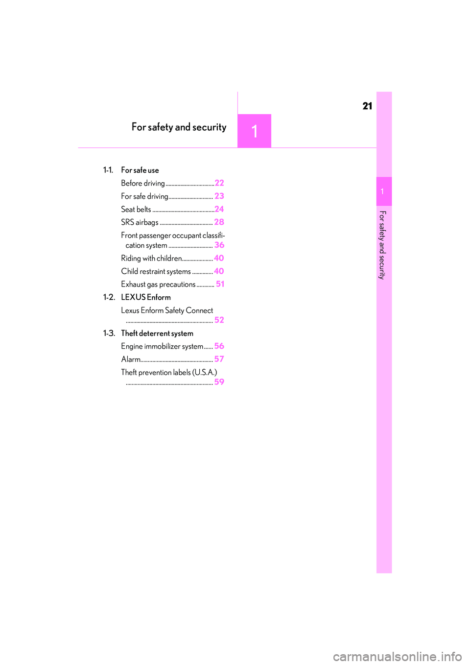 LEXUS RC300 2022  Owners Manual 21
RC350/RC300 Owners Manual
1
1
For safety and security
For safety and security
.1-1. For safe useBefore driving ................................. 22
For safe driving.............................. 2