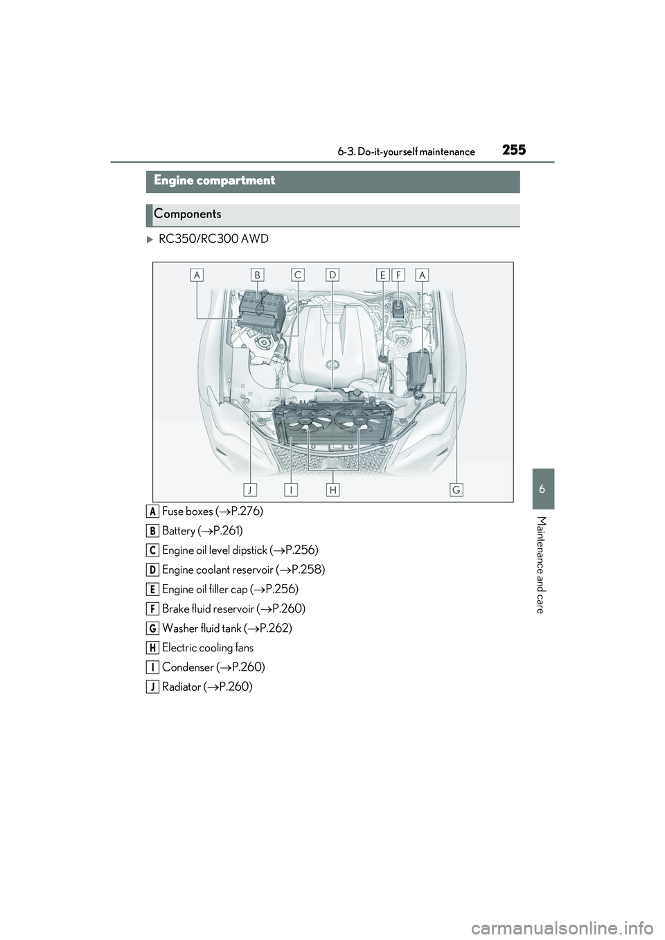 LEXUS RC300 2022 Owners Manual 2556-3. Do-it-yourself maintenance
RC350/RC300 Owners Manual
6
Maintenance and care
RC350/RC300 AWDFuse boxes ( P.276)
Battery ( P.261)
Engine oil level dipstick ( P.256)
Engine coolant r LEXUS RC300 2022 Owners Manual 2556-3. Do-it-yourself maintenance
RC350/RC300 Owners Manual
6
Maintenance and care
RC350/RC300 AWDFuse boxes ( P.276)
Battery ( P.261)
Engine oil level dipstick ( P.256)
Engine coolant r