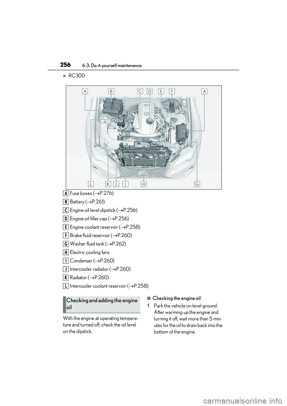 LEXUS RC300 2022 Owners Manual 2566-3. Do-it-yourself maintenance
RC350/RC300 Owners Manual
RC300Fuse boxes ( P.276)
Battery ( P.261)
Engine oil level dipstick ( P.256)
Engine oil filler cap ( P.256)
Engine coolant LEXUS RC300 2022 Owners Manual 2566-3. Do-it-yourself maintenance
RC350/RC300 Owners Manual
RC300Fuse boxes ( P.276)
Battery ( P.261)
Engine oil level dipstick ( P.256)
Engine oil filler cap ( P.256)
Engine coolant