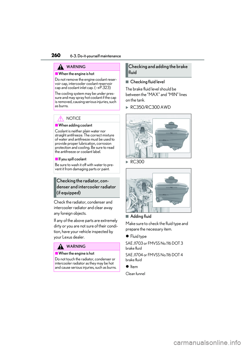 LEXUS RC300 2022 Owners Guide 2606-3. Do-it-yourself maintenance
RC350/RC300 Owners Manual
Check the radiator, condenser and
intercooler radiator and clear away
any foreign objects.
If any of the above parts are extremely
dirt LEXUS RC300 2022 Owners Guide 2606-3. Do-it-yourself maintenance
RC350/RC300 Owners Manual
Check the radiator, condenser and
intercooler radiator and clear away
any foreign objects.
If any of the above parts are extremely
dirt