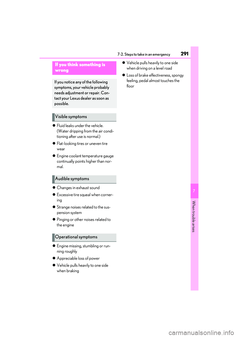 LEXUS RC300 2022 User Guide 2917-2. Steps to take in an emergency
RC350/RC300 Owners Manual
7
When trouble arises
Fluid leaks under the vehicle.
(Water dripping from the air condi-
tioning after use is normal.)
Flat-look LEXUS RC300 2022 User Guide 2917-2. Steps to take in an emergency
RC350/RC300 Owners Manual
7
When trouble arises
Fluid leaks under the vehicle.
(Water dripping from the air condi-
tioning after use is normal.)
Flat-look
