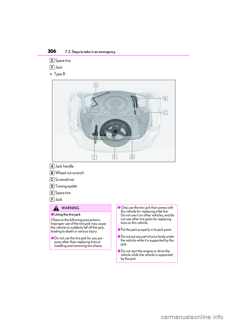 LEXUS RC300 2022 Owners Manual 3067-2. Steps to take in an emergency
RC350/RC300 Owners Manual
Spare tire
Jack
Type BJack handle
Wheel nut wrench
Screwdriver
Towing eyelet
Spare tire
Jack
E
F
A
B
C
D
E
F
WARNING
■Using the ti LEXUS RC300 2022 Owners Manual 3067-2. Steps to take in an emergency
RC350/RC300 Owners Manual
Spare tire
Jack
Type BJack handle
Wheel nut wrench
Screwdriver
Towing eyelet
Spare tire
Jack
E
F
A
B
C
D
E
F
WARNING
■Using the ti