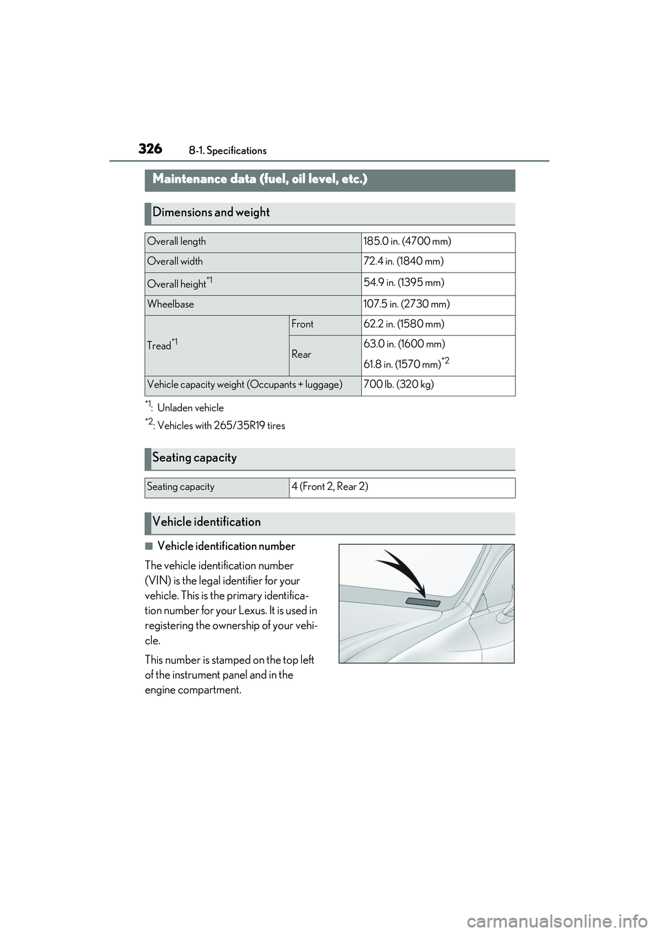 LEXUS RC300 2022 Owners Manual 3268-1. Specifications
RC350/RC300 Owners Manual
8-1.Specifications
*1:Unladen vehicle
*2: Vehicles with 265/35R19 tires
■Vehicle identification number
The vehicle identification number
(VIN) is t LEXUS RC300 2022 Owners Manual 3268-1. Specifications
RC350/RC300 Owners Manual
8-1.Specifications
*1:Unladen vehicle
*2: Vehicles with 265/35R19 tires
■Vehicle identification number
The vehicle identification number
(VIN) is t