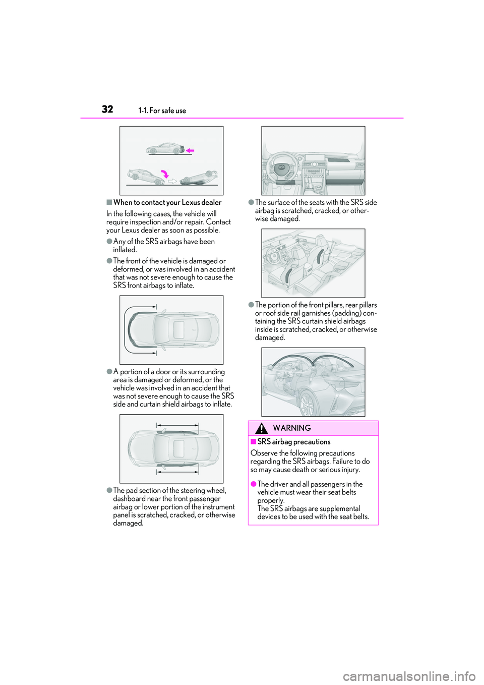 LEXUS RC300 2022 Owners Manual 321-1. For safe use
RC350/RC300 Owners Manual
■When to contact your Lexus dealer
In the following cases, the vehicle will
require inspection and/or repair. Contact
your Lexus dealer as soon as po LEXUS RC300 2022 Owners Manual 321-1. For safe use
RC350/RC300 Owners Manual
■When to contact your Lexus dealer
In the following cases, the vehicle will
require inspection and/or repair. Contact
your Lexus dealer as soon as po