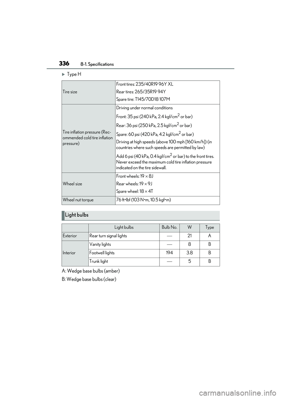 LEXUS RC300 2022 Owners Manual 3368-1. Specifications
RC350/RC300 Owners Manual
Type H
A: Wedge base bulbs (amber)
B: Wedge base bulbs (clear)
Tire size
Front tires: 235/40R19 96Y XL
Rear tires: 265/35R19 94Y
Spare tire: T145/7 LEXUS RC300 2022 Owners Manual 3368-1. Specifications
RC350/RC300 Owners Manual
Type H
A: Wedge base bulbs (amber)
B: Wedge base bulbs (clear)
Tire size
Front tires: 235/40R19 96Y XL
Rear tires: 265/35R19 94Y
Spare tire: T145/7