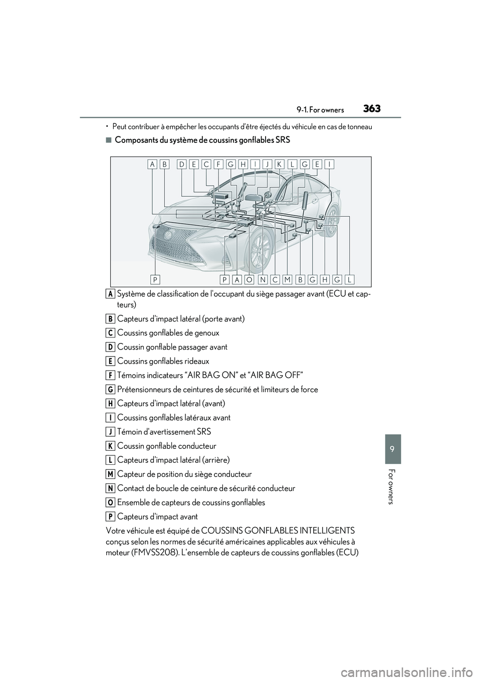 LEXUS RC300 2022  Owners Manual 3639-1. For owners
RC350/RC300 Owners Manual
9
For owners
• Peut contribuer à empêcher les occupants d’être éjectés du véhicule en cas de tonneau
■Composants du système de coussins gonfl