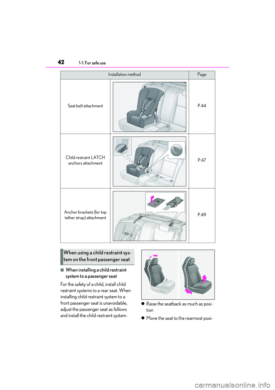 LEXUS RC300 2022 Service Manual 421-1. For safe use
RC350/RC300 Owners Manual
■When installing a child restraint 
system to a passenger seat
For the safety of a child, install child 
restraint systems to a rear seat. When 
instal