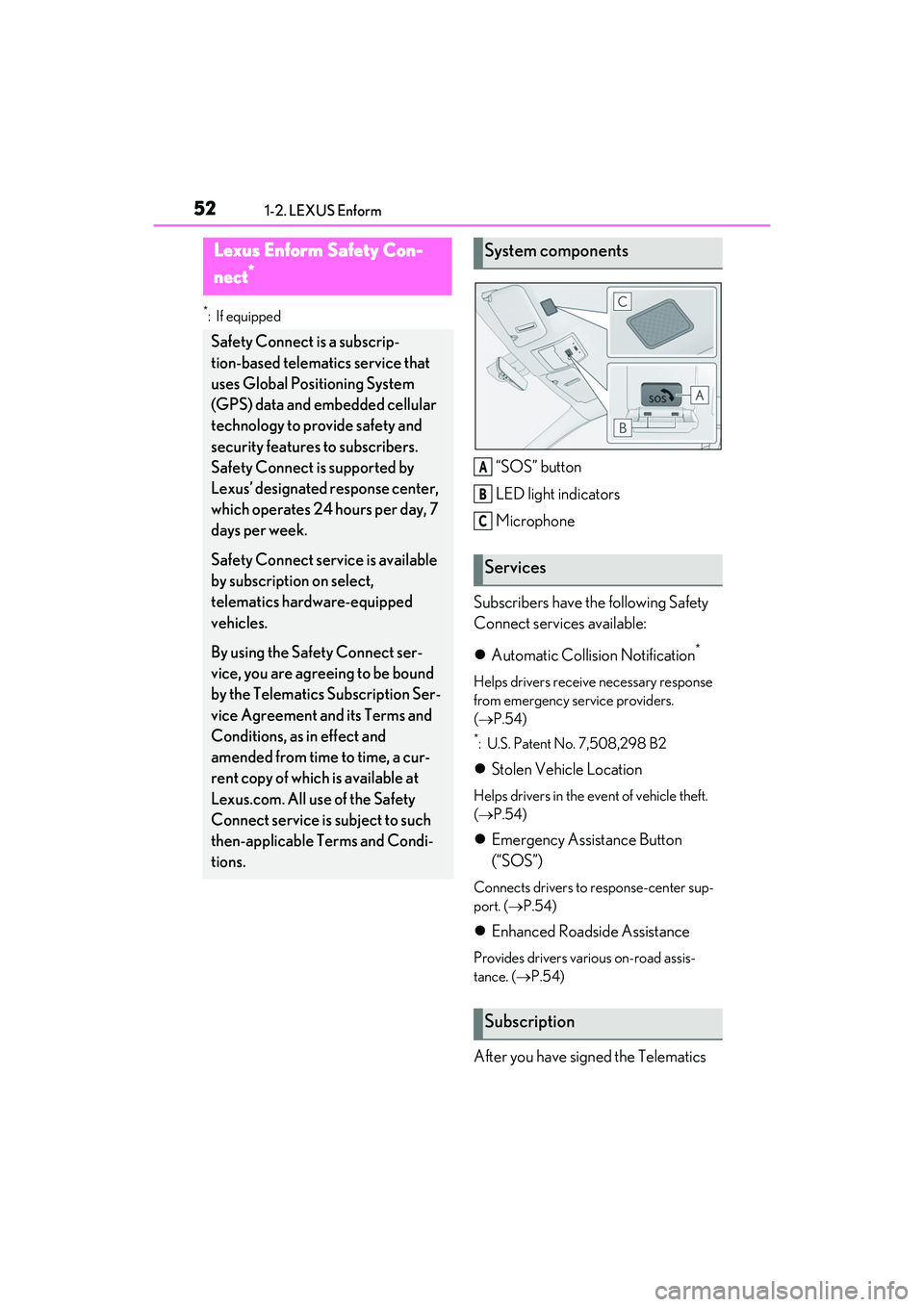 LEXUS RC300 2022 Owners Manual 521-2. LEXUS Enform
RC350/RC300 Owners Manual
1-2.LEXUS Enform
*:If equipped
“SOS” button
LED light indicators
Microphone
Subscribers have the following Safety
Connect services available:
Au LEXUS RC300 2022 Owners Manual 521-2. LEXUS Enform
RC350/RC300 Owners Manual
1-2.LEXUS Enform
*:If equipped
“SOS” button
LED light indicators
Microphone
Subscribers have the following Safety
Connect services available:
Au