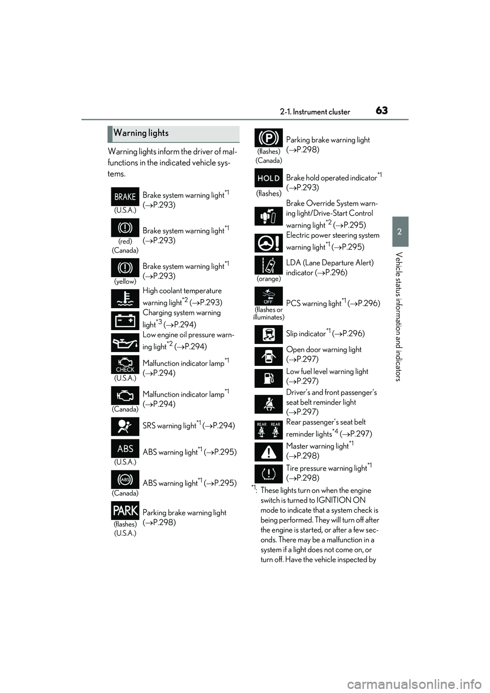 LEXUS RC300 2022 Owners Manual 632-1. Instrument cluster
RC350/RC300 Owners Manual
2
Vehicle status information and indicators
Warning lights inform the driver of mal-
functions in the indicated vehicle sys-
tems.
*1: These lights LEXUS RC300 2022 Owners Manual 632-1. Instrument cluster
RC350/RC300 Owners Manual
2
Vehicle status information and indicators
Warning lights inform the driver of mal-
functions in the indicated vehicle sys-
tems.
*1: These lights
