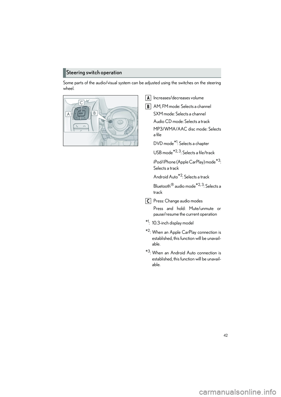 LEXUS RC300 2023 Service Manual 42
RC350 AWD_RC350_RC300 AWD_RC300_QG_(U)
Some parts of the audio/visual system can be adjusted using the switches on the steering
wheel.
Increases/decreases volume
AM, FM mode: Selects a channel
SXM LEXUS RC300 2023 Service Manual 42
RC350 AWD_RC350_RC300 AWD_RC300_QG_(U)
Some parts of the audio/visual system can be adjusted using the switches on the steering
wheel.
Increases/decreases volume
AM, FM mode: Selects a channel
SXM