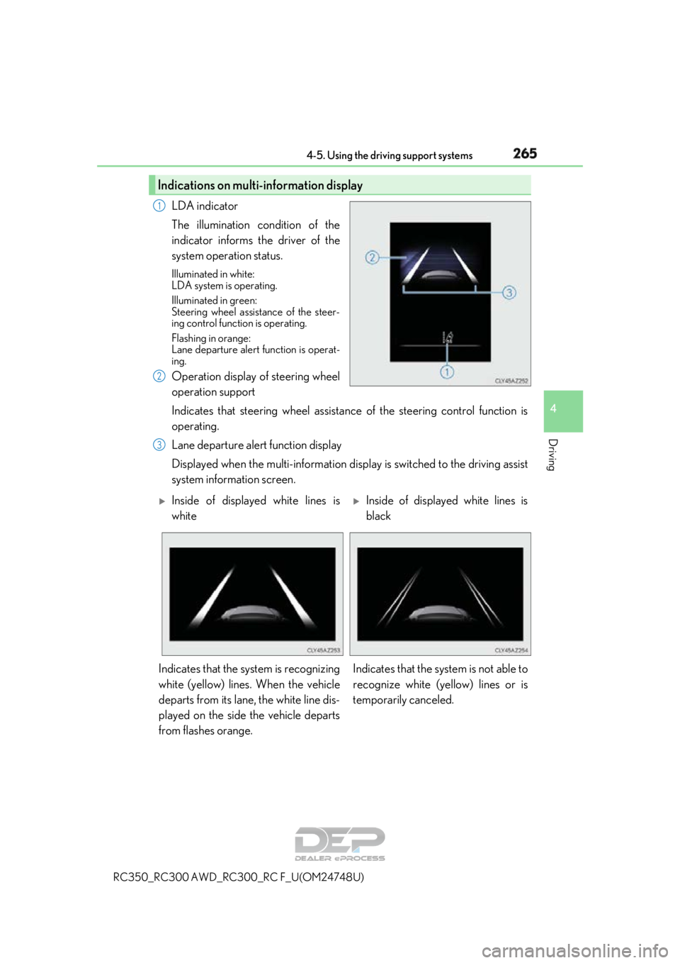LEXUS RC350 2018  Owners Manual 2654-5. Using the driving support systems
4
Driving
RC350_RC300 AWD_RC300_RC F_U(OM24748U)
LDA indicator
The illumination condition of the
indicator informs the driver of the
system operation status.
