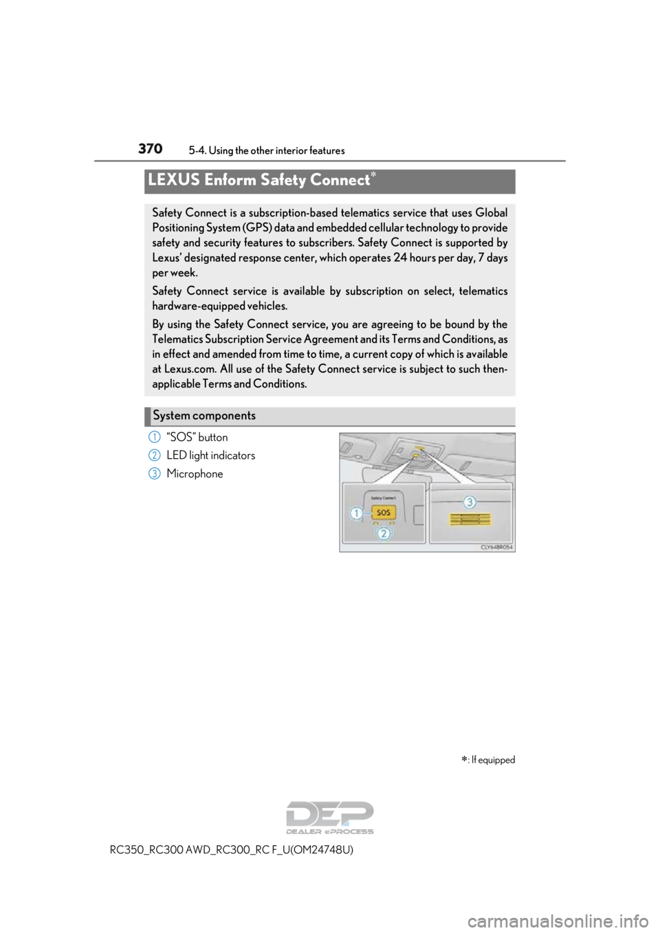 LEXUS RC350 2018  Owners Manual 3705-4. Using the other interior features
RC350_RC300 AWD_RC3 00_RC F_U(OM24748U)
“SOS” button
LED light indicators
Microphone
LEXUS Enform Safety Connect

: If equipped
Safety Connect is a 