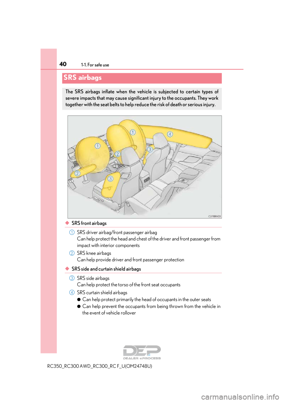 LEXUS RC350 2018 Owners Guide 401-1. For safe use
RC350_RC300 AWD_RC300_RC F_U(OM24748U)
◆SRS front airbags
SRS driver airbag/front passenger airbag
Can help protect the head and chest of  the driver and front passenger from
imp