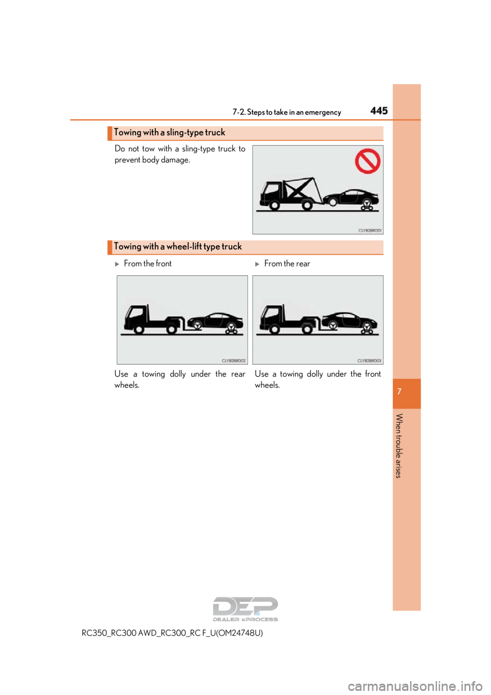LEXUS RC350 2018  Owners Manual 4457-2. Steps to take in an emergency
RC350_RC300 AWD_RC3 00_RC F_U(OM24748U)
7
When trouble arises
Do not tow with a sling-type truck to
prevent body damage.
Towing with a sling-type truck
Towing wit