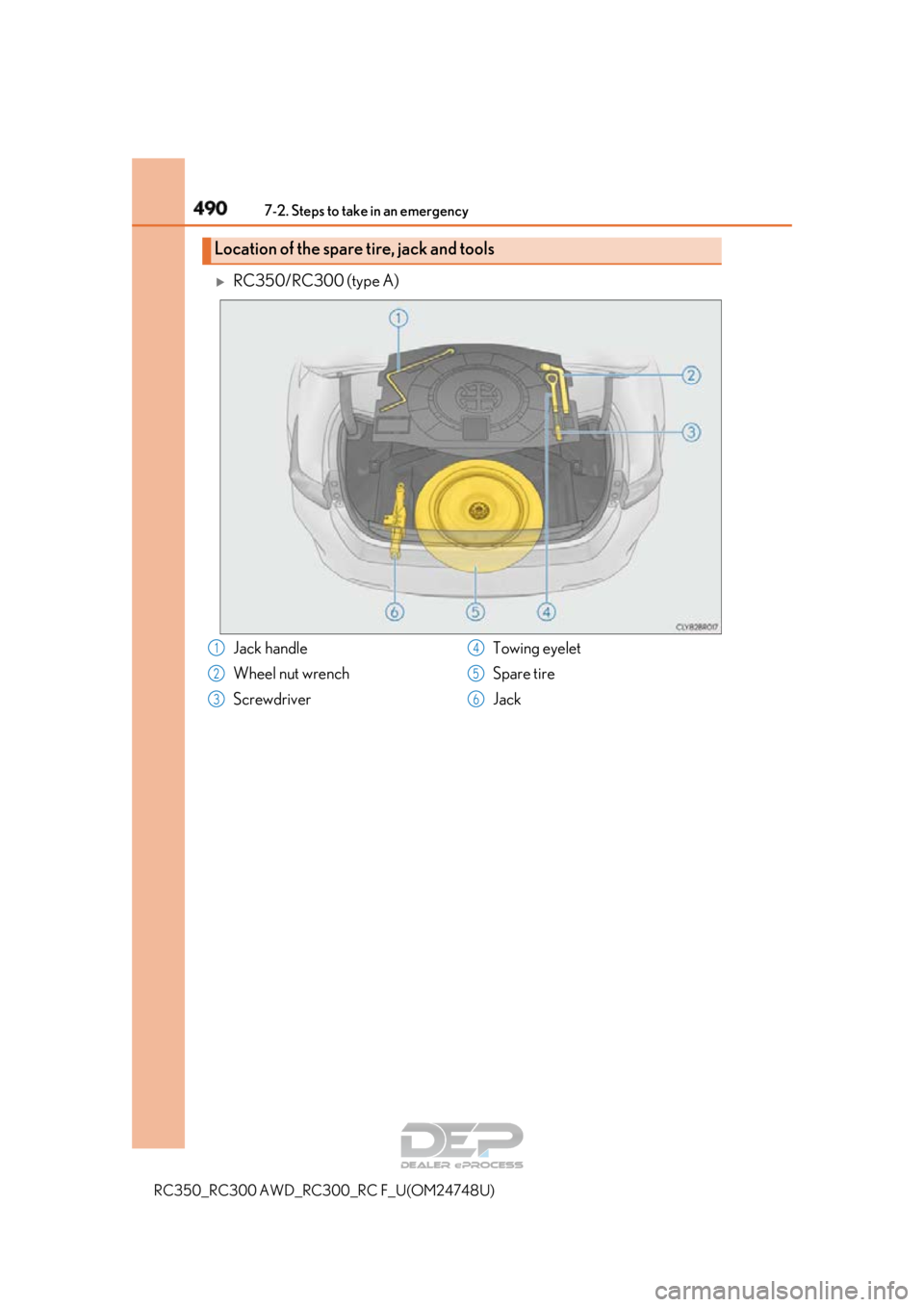 LEXUS RC350 2018 Owners Manual 4907-2. Steps to take in an emergency
RC350_RC300 AWD_RC300_RC F_U(OM24748U)
RC350/RC300 (type A)
Location of the spare tire, jack and tools
Jack handle
Wheel nut wrench
Screwdriver Towing eyelet
S LEXUS RC350 2018 Owners Manual 4907-2. Steps to take in an emergency
RC350_RC300 AWD_RC300_RC F_U(OM24748U)
RC350/RC300 (type A)
Location of the spare tire, jack and tools
Jack handle
Wheel nut wrench
Screwdriver Towing eyelet
S