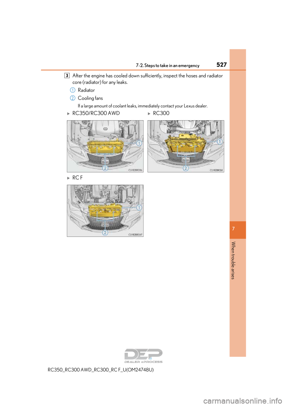 LEXUS RC350 2018  Owners Manual 5277-2. Steps to take in an emergency
RC350_RC300 AWD_RC3 00_RC F_U(OM24748U)
7
When trouble arises
After the engine has cooled down suff iciently, inspect the hoses and radiator
core (radiator) for a